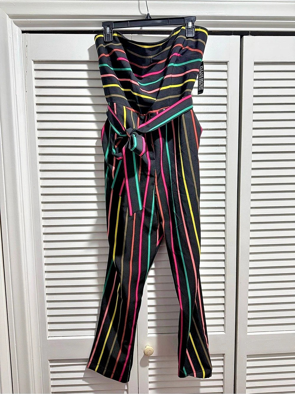 New York & Company Strapless Tie Bodice Terry Knit Stripe Jumpsuit